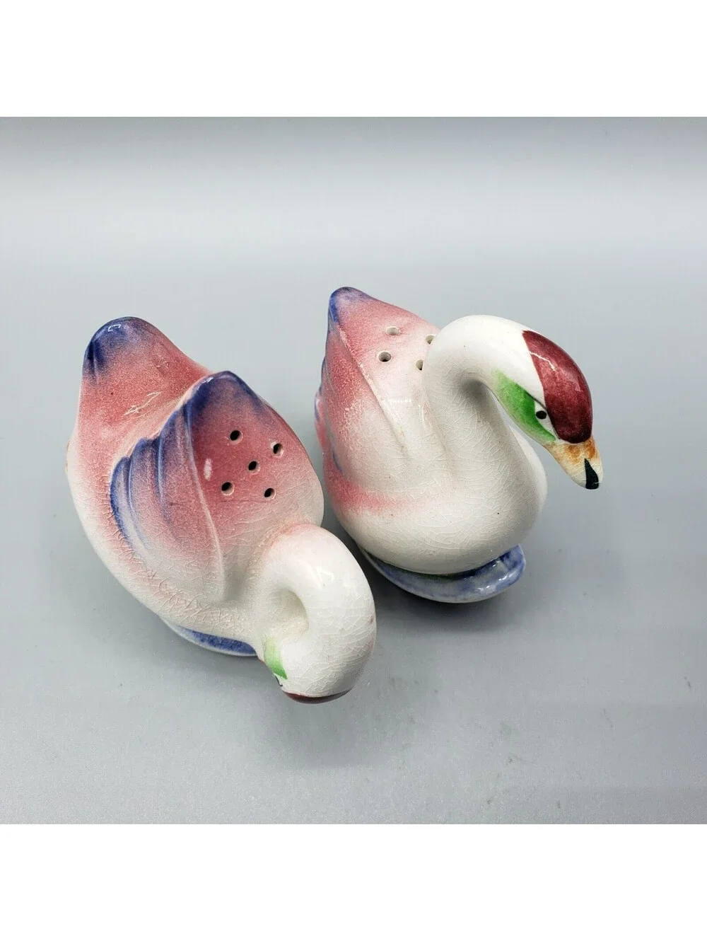 Vintage Japan Swan Salt and Pepper Shakers Ceramic Pink Blue White Birds